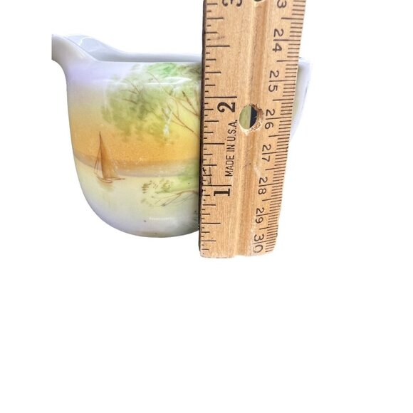 Vtg Nippon Creamer Jug White Porcelain 2.5" Sailboat Sunset Trees Lake Restful - Picture 5 of 8